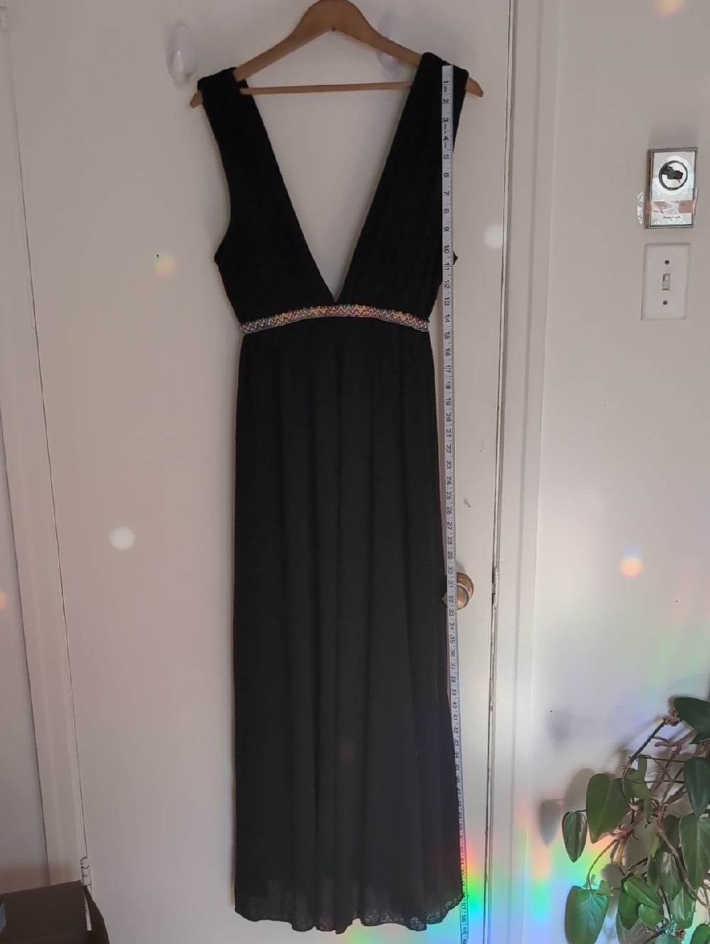 Zara Black V-Neck Maxi Dress with Multicolor Embroidered Waist